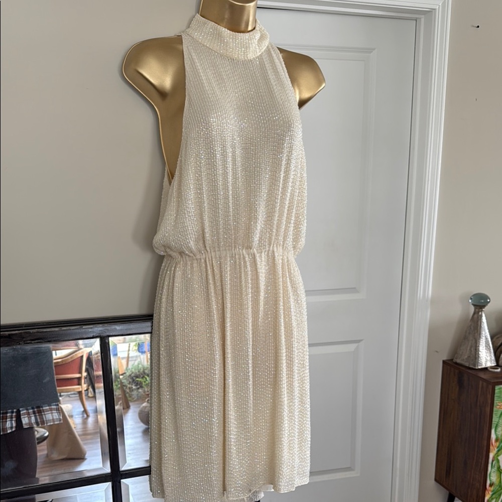 Hand Beaded Elegant Cream Halter Neck Dress Size 6 Alice + Olivia